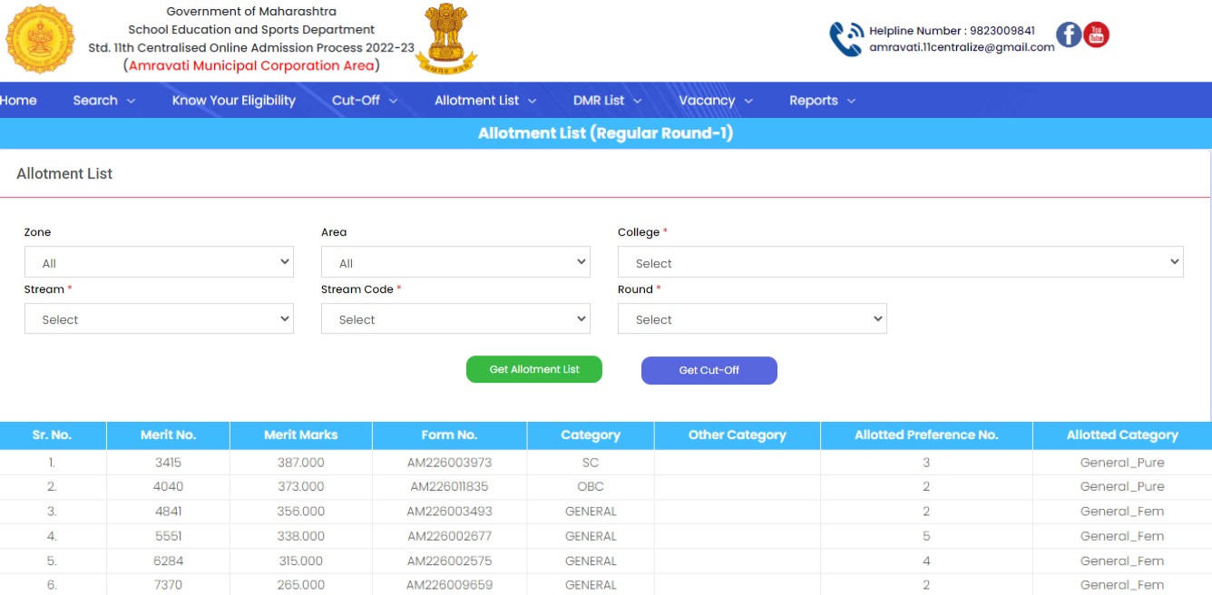 FYJC Amravati 11th Merit List